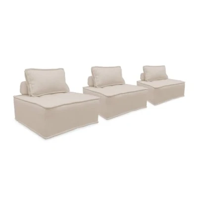 Image de sweeek Lot de 3 chauffeuses pour canapé modulables Tissu capitonné crème avec 1 Coussin