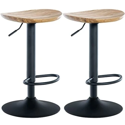 Image de CLP Lot De 2 Tabourets Bar Skelde avec Assise en Bois I Style Industriel Pied Métal Réglable Et Pivotant, Couleur:Nature