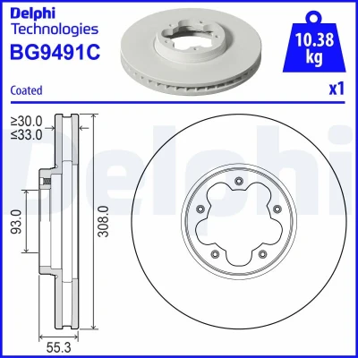 Image de DELPHI Disque de frein FORD: Transit Custom V362 Van, Tourneo Minibus, Mk7 Van 308mm 33mm 5 ventilé revêtu non traité BG9491C