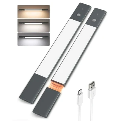 Image de EZVALO Luminaire d&#039;appoint Cuisine LED 38CM, Eclairage d&#039;armoire sans Fil 3 Températures de Couleur Dimmable Batterie Amovible avec Détecteur Mouvement PIR pour Armoire Escalier, Noir (2 pièces)