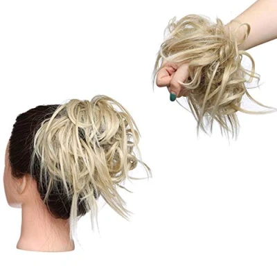 Image de XXL Postiche Cheveux En Caoutchouc Chouchou Chignons VOLUMINEUX Bouclés Ou Chignon Décoiffé Extension a clip Naturel blond de cendre à blanchiment