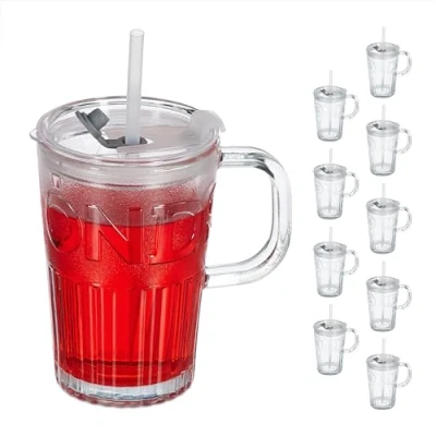 Image de Relaxdays Jarre avec Paille, Couvercle et Anse, lot Pratique de 10, Volume : 450 ML, pour Votre Smoothie, Transparente