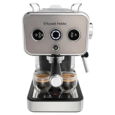 Image de Russell Hobbs Cafetière [Machine Expresso Design Vintage] Distinctions Titanium (15 Bars, mode auto. &amp; manuel pour 1 ou 2 tasses,chauffe rapide, buse vapeur: lait eau chaude, affichage LED) 26452 56