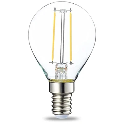 Image de Amazon Basics Lot de 6 petites ampoules LED rondes P45 Culot Edison à vis E14 2 W (équivalent 25 W) Filament transparent Intensité non variable, blanc chaud