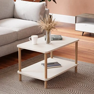 Image de [en.casa] Table Basse Rectangulaire avec Surface de Rangement Meuble Salon Design Panneau Particules Bois Hêtre 43 x 70 44 cm Blanc Naturel