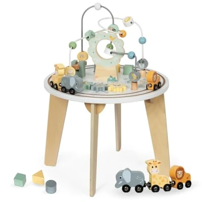 Image de Mamabrum Table basse éducative en bois pour enfants avec file d&#039;attente magnétique et lanceur de perles, trieur formes, motif animaux, boucles motrices, miroir