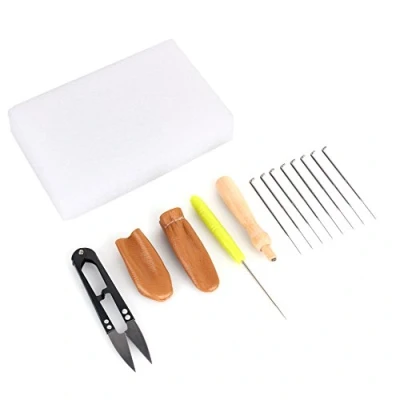 Image de Akozon Kit d&#039;outils de Bricolage En Feutre Laine, Outils 8 Aiguilles À Feutrer + Poignée Bois Alêne Feutrage Mousse Pad 2 Coussins Cuir Finger Scissor Craft Accessory Set