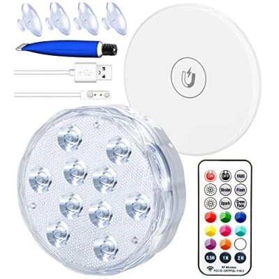 Image de Qoolife Rechargeable Lumière LED Submersible, IP68 Aimant Lampes Sous Marines, RGBW Changement Contrôlé par Télécommande Lumiere Piscine pour Aquarium, Base de Vase, Étang, Sol