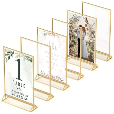 Image de Dasher Products cadres photos dorés Double Face Pack de 6 porte numéros table en acrylique, chevalets transparents pour affiche, menus, (A4)
