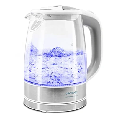 Image de Cecotec Bouilloire Électrique ThermoSense 350 Clear. 1.7 L, Verre Borosilicate, Sans BPA, Base 360º, Lumière LED, Filtre Anticalcaire, Triple Système de Sécurité, 2200 W.