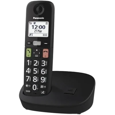 Image de Panasonic KX TGU110EXB Téléphone Numérique sans Fil, Écran LCD, Grosses Touches, Appel Favori, Compatible avec Les Appareils Auditifs, Noir