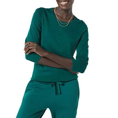 Image de Amazon Essentials Pull Col Rond Léger À Manches Longues (Grandes Tailles Disponibles) Femme, Vert Foncé, XS