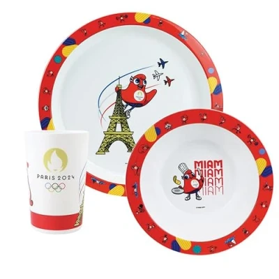Image de FUN HOUSE JEUX OLYMPIQUES PARIS 2024 ENSEMBLE REPAS JO AVEC UNE ASSIETTE PLATE Ø 22 CM, CREUSE 16 CM ET UN VERRE 220 ML POUR ENFANT VAISSELLE REUTILISABLE