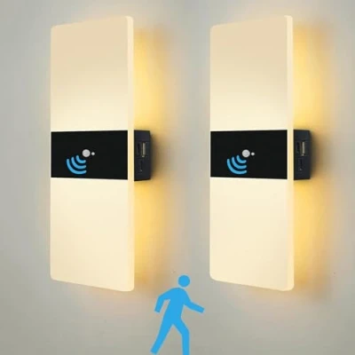 Image de VOMI LED Applique Murale Intérieure Sans Fil Rechargeable, Lampe a Pile 4000 mAh avec Détecteur de Mouvement et Port Charge USB, 2 Pcs Luminaires Mural Couloir Acrylique