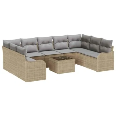 Image de Ensemble Canapé Jardin 10 Pièces avec Coussin Rattan Poly Noir, 2 Places Rangement &amp; Coussins Beige 3354539