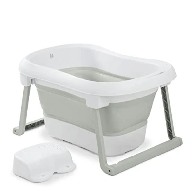 Image de hauck Baignoire Bébé avec Siège Wash N Fold L Pliable jusqu&#039;à 18 kg, Bouchon Change de Couleur à Température Élevée, Bassin Douche Portable, Drainage Rapide Blanc Vert