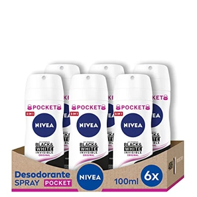 Image de NIVEA Black &amp; White Invisible Original Spray Pocket en pack de 6 (6 x 100 ml), Déodorant Femme avec protection 48h, Anti transpirant pour Soin