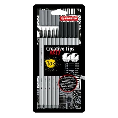 Image de Feutre dessin STABILO Creative Tips Etui carton x 10 stylos de calligraphie à pointe assorties 0.2; 0.4; 0.7; 1 mm et brush noir, gris