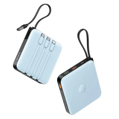 Image de VRURC Batterie Externe 20000mAh avec 4 Câbles Intégrés Mini Power Bank USB C 22.5W Charge Rapide Portable Affichage LED pour iPhone Huawei Xiaomi (Bleu)