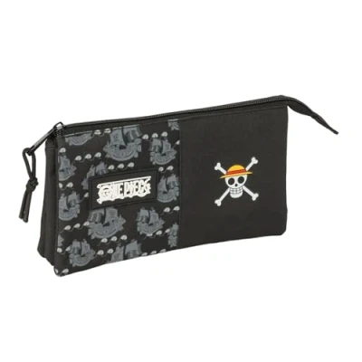 Image de safta One Piece Pirates Trousse Triple, pour Enfant, idéale Les Enfants d&#039;âge Scolaire, Confortable et Polyvalente, qualité résistance, 22 x 3 12 cm, Noir, M, Décontracté