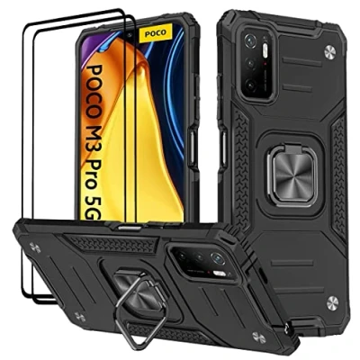 Image de KANSI Coque Compatible pour Xiaomi POCO M3 Pro 5G / Redmi Note 10 5G, Verre Trempé [2 Pièces] + Housse TPU Silicone Rotation 360 Aimant Anneau Support Double Défense Noir
