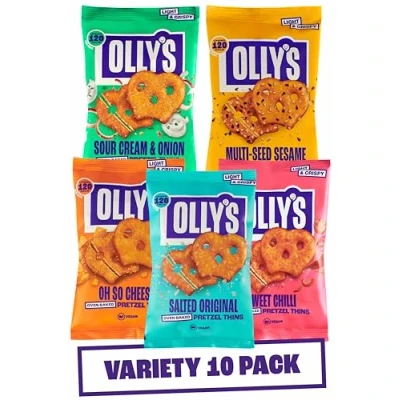 Image de Olly&#039;s Pretzel Thins, lot de 10 variétés 35 g, 2 salés, graines multiples, crèmes sures, piments doux, collations au fromage, faible en calories, gras, source fibres, sans