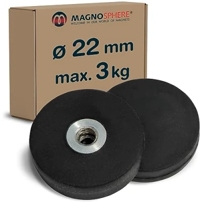 Image de 2 x Système magnétique en Néodyme caoutchouté avec filetage intérieur (M4) Diamètre Ø 22 mm Force 3 kg pièces Aimant pot caoutchouc antiglisse et femelle