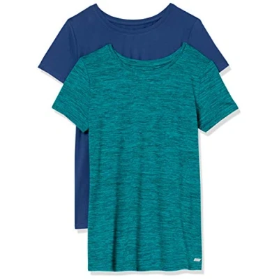 Image de Amazon Essentials T shirt à manches courtes et col rond Tech Stretch (disponible en grande taille) Femme, Lot de 2, Bleu/Vert Sarcelle Teinture Spatiale, XXL