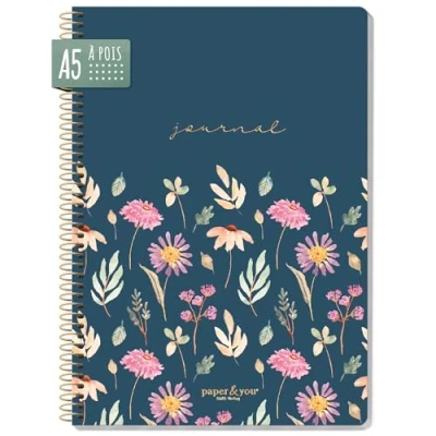 Image de paper&amp;you® Bullet Journal à pois, format A5, avec reliure spirale, motif fleurs volantes, 160 pages, bloc notes pois durable et respectueux du climat