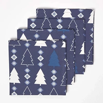 Image de HOMESCAPES Lot de 4 Serviettes Table Noël Sapins Bleu en Coton, Décoration