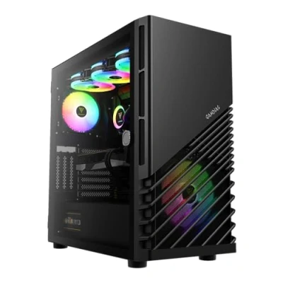 Image de GAMDIAS PC Gamer Boitier, Boîtiers Gaming ATX Moyen Tour Vide, Airflow Case, Ventilateurs Intégrés 1x120 et 1x140 FRGB, Double 360, GPU Vertical, Noir