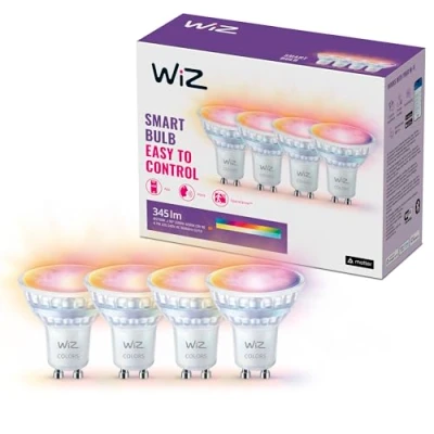 Image de WiZ Ampoule en verre LED intelligente GU10 Remplacement 50W, 16 millions de couleurs, Wi Fi/Bluetooth, contrôle vocal/application, fonctionne avec Google Home, Alexa et HomeKit, pack 4