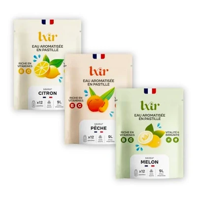 Image de LXIR DRINK Eau aromatisée en pastille sans sucre Boisson multivitamines Riche vitamines C et B Hydratation quotidienne Beauté de la peau (1 unité (Lot 36), Citron/Pêche/Melon)