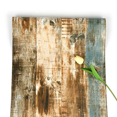 Image de Papier Peint en Bois Auto Adhésif Brun à Rayures Fond D&#039;écran Peel and Stick de Contact Grain Amovible Rustique Pour Cuisine Porte Cabinet 44.5x1000cm