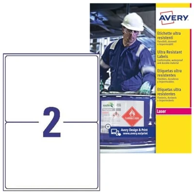 Image de AVERY 20 Étiquettes Ultra Resistantes Conditions Extrêmes Polyéthylène Personnalisables Format 210 x 148 mm Impression Laser et Jet d&#039;Encre