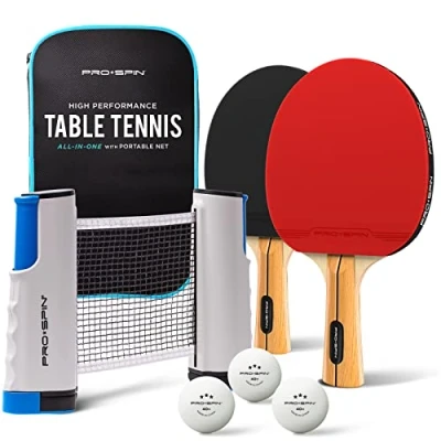 Image de PRO SPIN Set de Raquettes Ping Pong Portable Kit Qualité avec Filet pour Toute Table, Tennis Table Hautes Performances, Balles 3 Étoiles (Set 2 Joueurs)