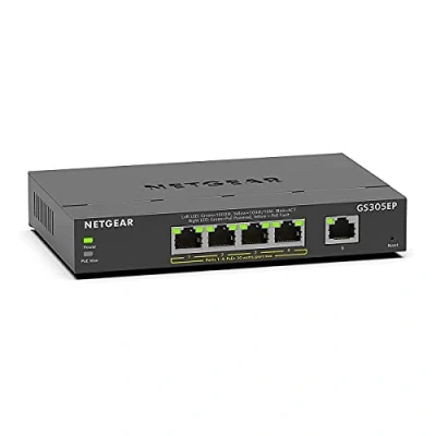 Image de NETGEAR (GS305EP) switch Ethernet PoE 5 Ports RJ45 Gigabit (10/100/1000), Serie Plus Manageable PoE, 4 PoE+ 63 W, positionnement sur un bureau ou au mur, Silencieux, idéa PME