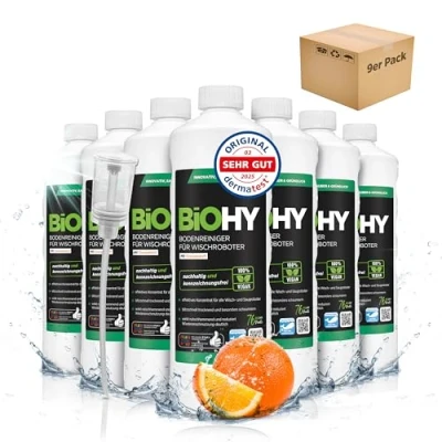 Image de BiOHY nettoyant pour sols robots de nettoyage avec parfum d&#039;orange (9 x 1l Bouteille) + Distributeur Concentré tous les Sans mousse (Wischroboter Orange)