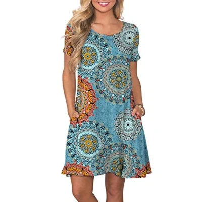 Image de AUSELILY Femmes Robes D&#039;été à Manches Courtes Décontracté T Shirt Robe Ample Courte avec Poches Le Noire M