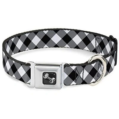Image de Buckle Down Diagonale Buffalo Plaid Noir/Blanc Collier de Chien en Forme d&#039;os, Large/1566 cm