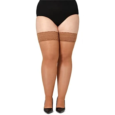 Image de Bellivalini Collant Bas Autofixant avec Dentelle Grande Taille Femme 40 DEN BLV 1127 (Cappuccino, 4XL)