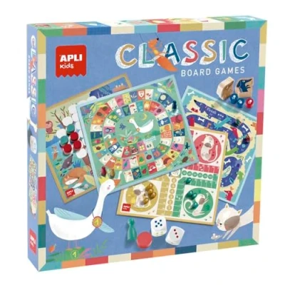 Image de APLI Kids 19147 jeux de société 4 en 1 : un ensemble classiques illustrés le jeu l&#039;oie, les petits chevaux, l&#039;échelle et à la suite.