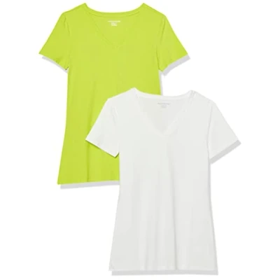 Image de Amazon Essentials T Shirt Col en v à Manches Courtes Coupe Classique Femme, Lot de 2, Vert Citron/Blanc, S