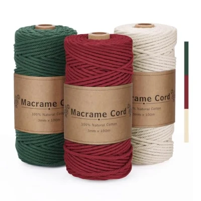 Image de PUWOWYE Corde Macramé 3mm, Fil Macrame Lot Rouge Vert Beige, Coton Bobine pour Noël, Bricolage, Artisanat, Tapisserie, Décoration Boho
