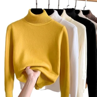 Image de JOCCOS Chemise d&#039;hiver en polaire épaisse tricotée pour femme, pull décontracté à col roulé épais doux thermique, jaune, M(48 53kg)