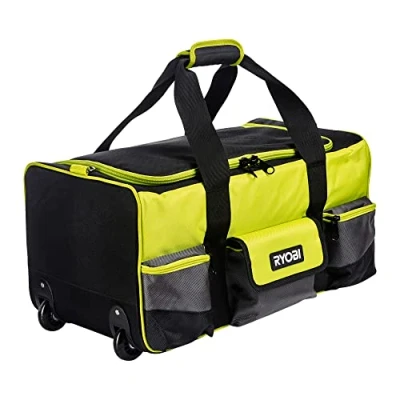 Image de Ryobi Sac avec fond renforcé à roulettes (56 x 29 30 cm) pour 4 ou 5 outils 2 roues et poignée télescopique se déplacer facilement 49L Base renforcée imperméable l’eau RSSLTB2