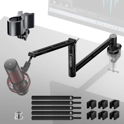 Image de CACENCAN Bras de Microphone Rotatif à 360 avec Support Table, Micro Low Profile Table Pliable Mic Arm Adaptateur vis 3/8&quot; 5/8&quot;, pour Streaming en Direct, Jeux, Podcasting