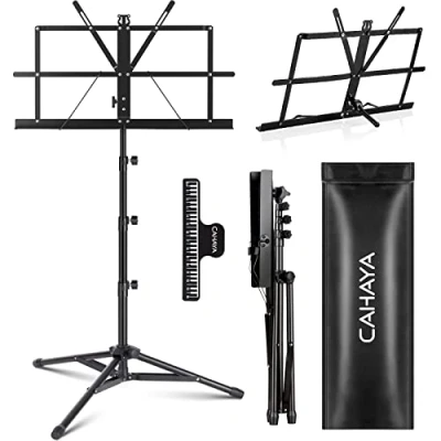 Image de CAHAYA 2 in 1 Dual Use Pied à musique pliable Version surélevée jusqu&#039;à 170cm &amp; Support de livre bureau Légèrement portable Réglable avec sac transport,Pied en métal CY0305