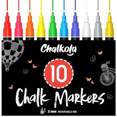 Image de Liquid Chalk Pens (10 Pack) with Gold &amp; Silver Fine Tip Dry Erase Marker for Blackboard, Windows, Chalkboard Signs, Bistro 3mm Reversible