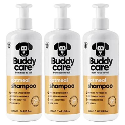 Image de Shampooing à l&#039;avoine par Buddycare pour Chiens la Peau irritée Apaisant et réhydratant avec de l&#039;aloe Vera provitamine B5 (500ml x3)